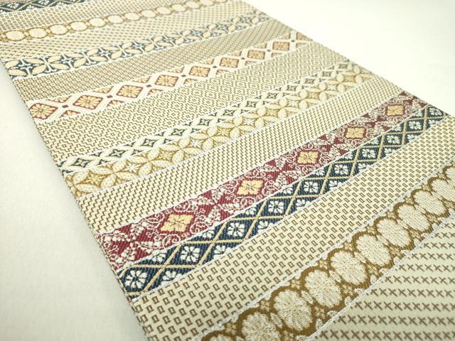 平和屋着物○両面 六通柄袋帯 刺し子織 横段割付文 銀糸