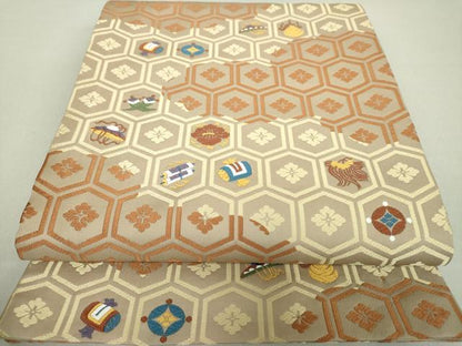 平和屋着物●全通柄袋帯 唐織 宝尽くし 亀甲花文 正絹 逸品 未使用 DAAV6045ps