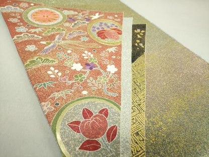 平和屋着物●京友禅の第一人者　松井青々　太鼓柄袋帯　駒刺繍　花鳥丸文　金銀彩　金通し地　正絹　逸品　未使用　DAAV6060ps