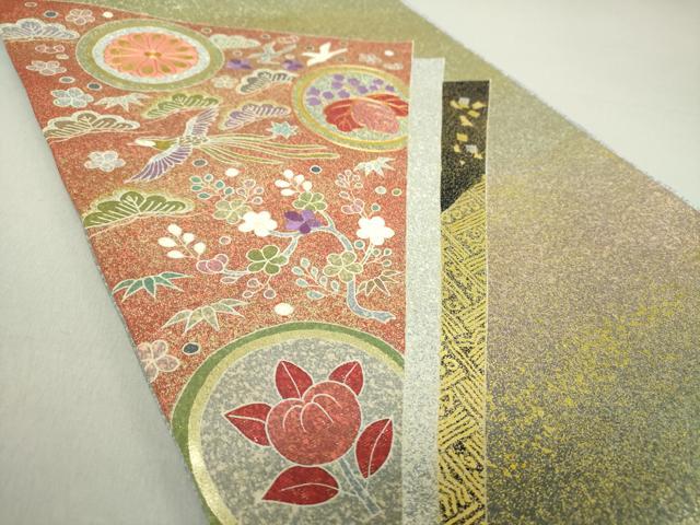 平和屋着物●京友禅の第一人者　松井青々　太鼓柄袋帯　駒刺繍　花鳥丸文　金銀彩　金通し地　正絹　逸品　未使用　DAAV6060ps