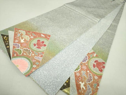 平和屋着物●京友禅の第一人者　松井青々　太鼓柄袋帯　駒刺繍　花鳥丸文　金銀彩　金通し地　正絹　逸品　未使用　DAAV6060ps