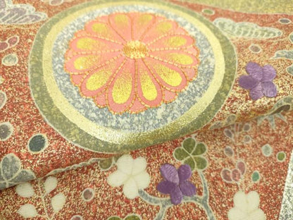 平和屋着物●京友禅の第一人者　松井青々　太鼓柄袋帯　駒刺繍　花鳥丸文　金銀彩　金通し地　正絹　逸品　未使用　DAAV6060ps