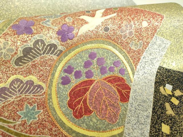 平和屋着物●京友禅の第一人者　松井青々　太鼓柄袋帯　駒刺繍　花鳥丸文　金銀彩　金通し地　正絹　逸品　未使用　DAAV6060ps