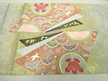 平和屋着物●京友禅の第一人者　松井青々　太鼓柄袋帯　駒刺繍　花鳥丸文　金銀彩　金通し地　正絹　逸品　未使用　DAAV6060ps