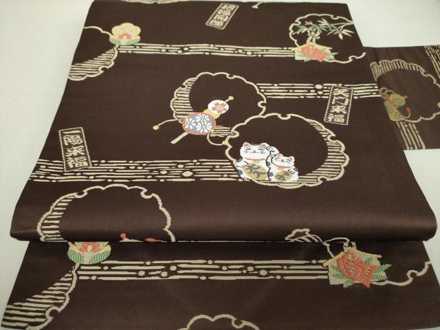 平和屋着物●九寸名古屋帯 唐織 笑門来福 雪輪重ね 招き猫 正絹 逸品 DAAV6068ps
