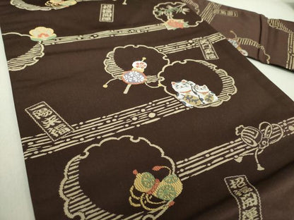 平和屋着物●九寸名古屋帯 唐織 笑門来福 雪輪重ね 招き猫 正絹 逸品 DAAV6068ps