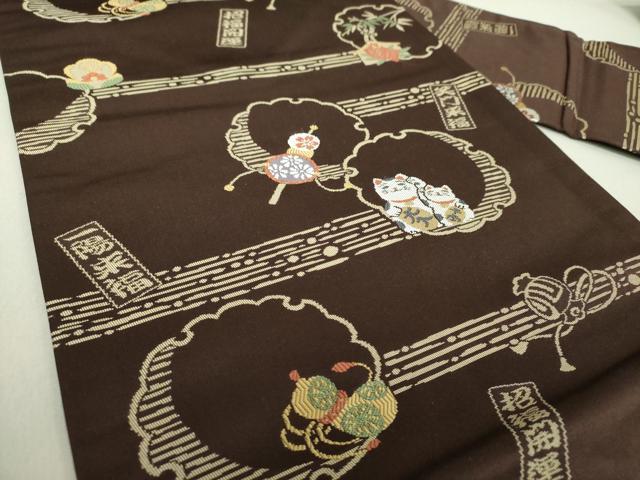 平和屋着物●九寸名古屋帯 唐織 笑門来福 雪輪重ね 招き猫 正絹 逸品 DAAV6068ps