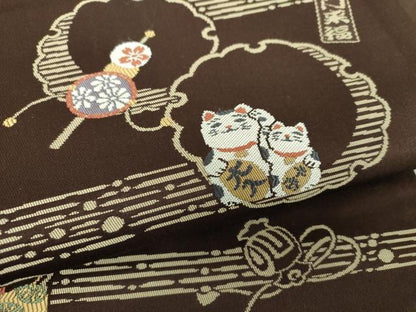 平和屋着物●九寸名古屋帯 唐織 笑門来福 雪輪重ね 招き猫 正絹 逸品 DAAV6068ps