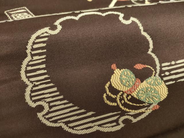 平和屋着物●九寸名古屋帯 唐織 笑門来福 雪輪重ね 招き猫 正絹 逸品 DAAV6068ps