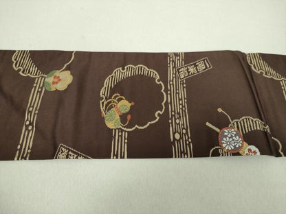 平和屋着物●九寸名古屋帯 唐織 笑門来福 雪輪重ね 招き猫 正絹 逸品 DAAV6068ps