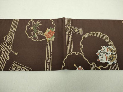 平和屋着物●九寸名古屋帯 唐織 笑門来福 雪輪重ね 招き猫 正絹 逸品 DAAV6068ps
