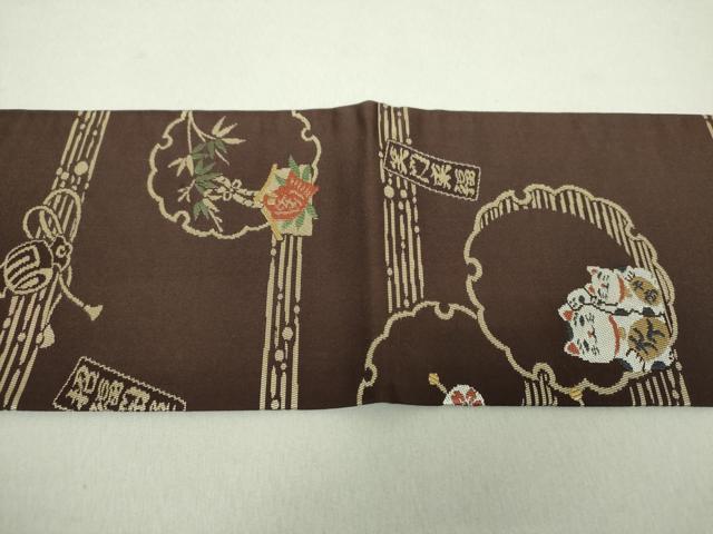 平和屋着物●九寸名古屋帯 唐織 笑門来福 雪輪重ね 招き猫 正絹 逸品 DAAV6068ps