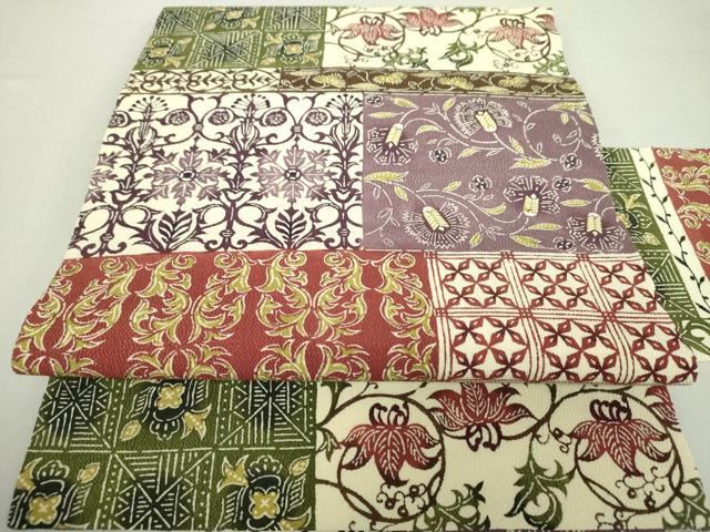 平和屋着物●全通柄九寸名古屋帯　型染　切嵌更紗花文　鬼しぼ縮緬　正絹　逸品　未使用　DAAV6069ps