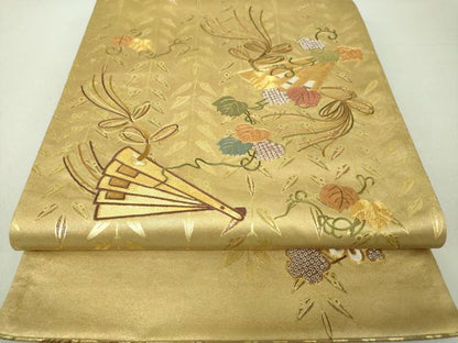 平和屋着物●太鼓柄袋帯 駒刺繍 檜扇吉祥花文 金彩 引箔 正絹 逸品 DAAV6134ps