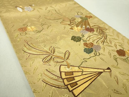平和屋着物●太鼓柄袋帯 駒刺繍 檜扇吉祥花文 金彩 引箔 正絹 逸品 DAAV6134ps