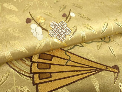 平和屋着物●太鼓柄袋帯 駒刺繍 檜扇吉祥花文 金彩 引箔 正絹 逸品 DAAV6134ps