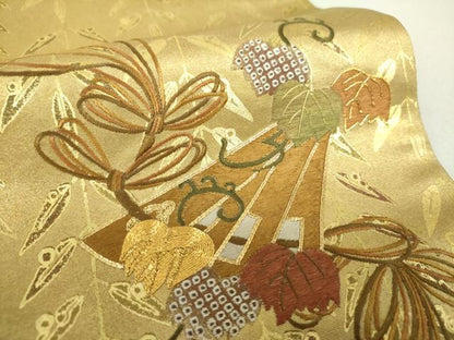 平和屋着物●太鼓柄袋帯 駒刺繍 檜扇吉祥花文 金彩 引箔 正絹 逸品 DAAV6134ps