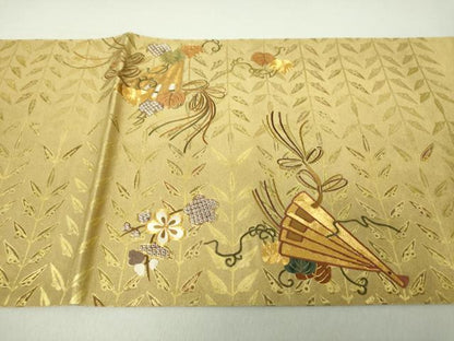 平和屋着物●太鼓柄袋帯 駒刺繍 檜扇吉祥花文 金彩 引箔 正絹 逸品 DAAV6134ps