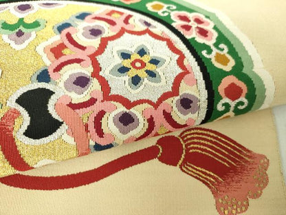 平和屋着物●爪掻き本綴れ　太鼓柄袋帯　鏡裏花文　金銀糸　正絹　逸品　DAAV6147ps