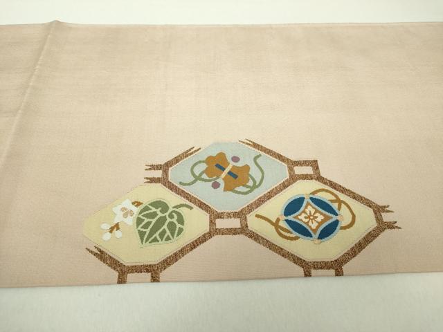 平和屋着物●爪掻き本綴れ 太鼓柄袋帯 蜀江宝尽くし檜扇花文 金糸 正絹 逸品 DAAV6153ps