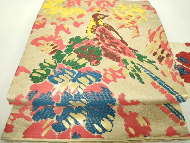 平和屋着物●アンティーク　大正ロマン　九寸名古屋帯　唐織　花鳥文　金糸　正絹　逸品　DAAV6179ps