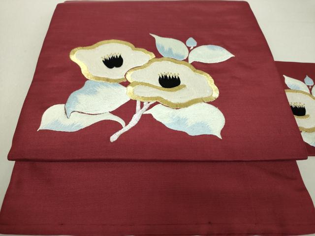 平和屋着物●九寸名古屋帯 総手刺繍 枝椿 金糸 正絹 逸品 DAAV6180ps