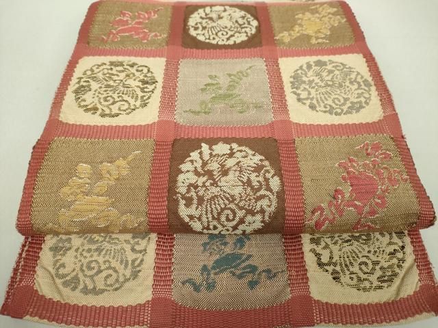 平和屋着物●八寸名古屋帯 紬地 格子花鳥丸文 金銀糸 正絹 逸品 DAAV6193ps