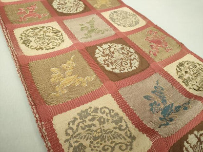 平和屋着物●八寸名古屋帯 紬地 格子花鳥丸文 金銀糸 正絹 逸品 DAAV6193ps