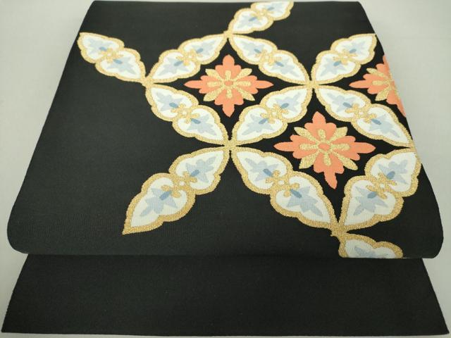 平和屋着物●爪掻き本綴れ　八寸名古屋帯　七宝花文　黒地　金糸　正絹　逸品　DAAV6195ps