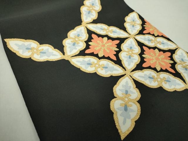 平和屋着物●爪掻き本綴れ　八寸名古屋帯　七宝花文　黒地　金糸　正絹　逸品　DAAV6195ps