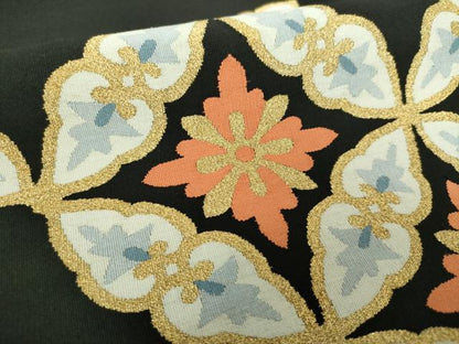 平和屋着物●爪掻き本綴れ　八寸名古屋帯　七宝花文　黒地　金糸　正絹　逸品　DAAV6195ps