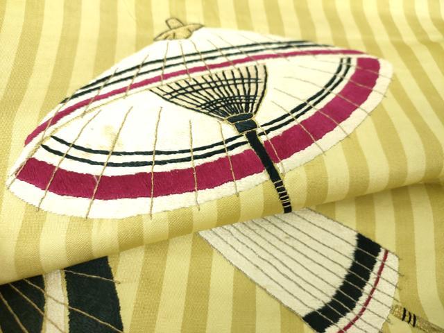 平和屋着物●アンティーク　大正ロマン　九寸開き名古屋帯　駒刺繍　総刺繍　番傘　金銀糸　正絹　逸品　DAAV6205ps