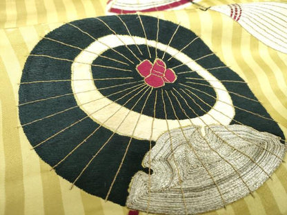 平和屋着物●アンティーク　大正ロマン　九寸開き名古屋帯　駒刺繍　総刺繍　番傘　金銀糸　正絹　逸品　DAAV6205ps