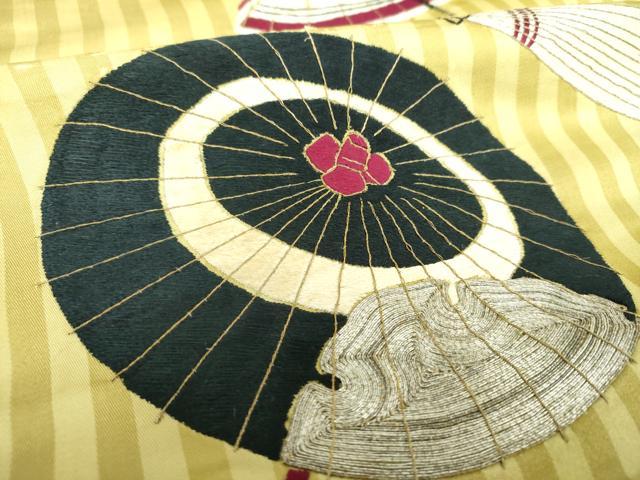 平和屋着物●アンティーク　大正ロマン　九寸開き名古屋帯　駒刺繍　総刺繍　番傘　金銀糸　正絹　逸品　DAAV6205ps