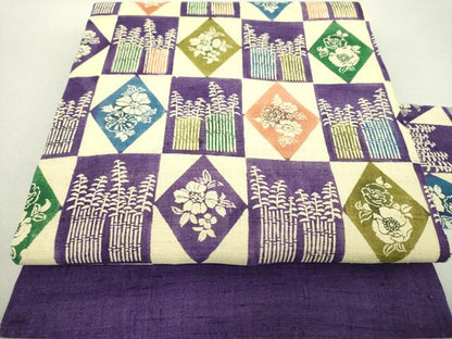 平和屋着物＊夏物 九寸名古屋帯 生紬 型染 市松花菱文 正絹 逸品 DAAV6221ps