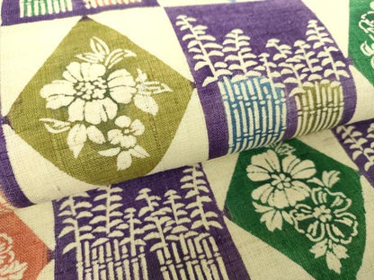 平和屋着物＊夏物 九寸名古屋帯 生紬 型染 市松花菱文 正絹 逸品 DAAV6221ps