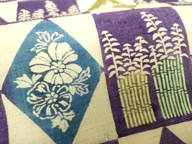 平和屋着物＊夏物 九寸名古屋帯 生紬 型染 市松花菱文 正絹 逸品 DAAV6221ps