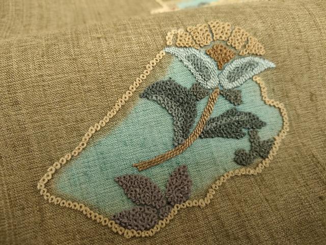平和屋着物●中国三大刺繍　相良刺繍　総刺繍　九寸名古屋帯　紬地　草花文　正絹　逸品　未使用　DAAV6223ps