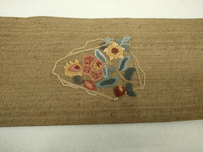 平和屋着物●中国三大刺繍　相良刺繍　総刺繍　九寸名古屋帯　紬地　草花文　正絹　逸品　未使用　DAAV6223ps