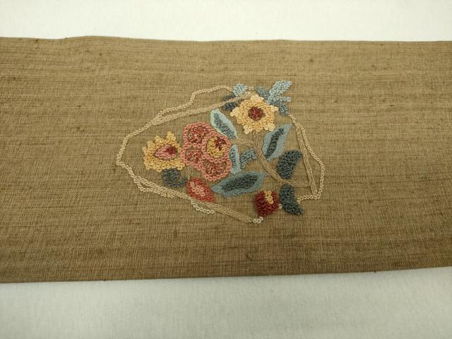 平和屋着物●中国三大刺繍　相良刺繍　総刺繍　九寸名古屋帯　紬地　草花文　正絹　逸品　未使用　DAAV6223ps