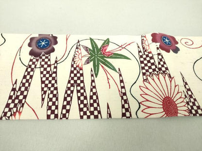 平和屋着物●全通柄九寸名古屋帯 紬地 本場琉球紅型 吉祥花文 正絹 逸品 未使用 DAAV6256ps