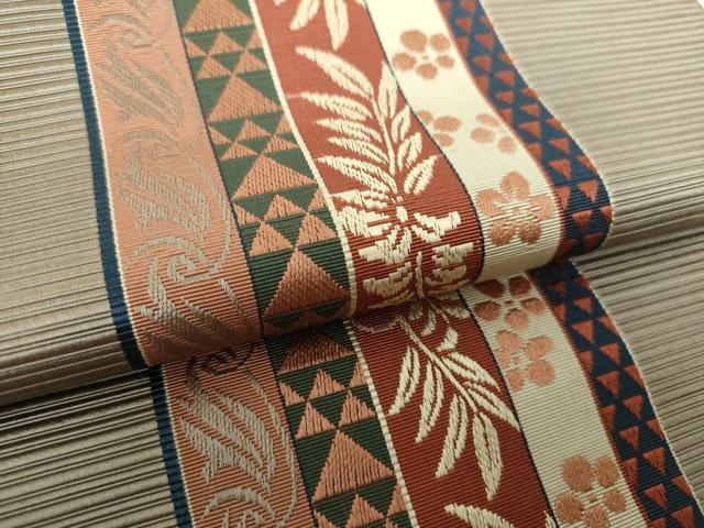 平和屋着物●本場筑前博多織 八寸名古屋帯 草花間道 正絹 逸品 未使用 DAAV6312ps