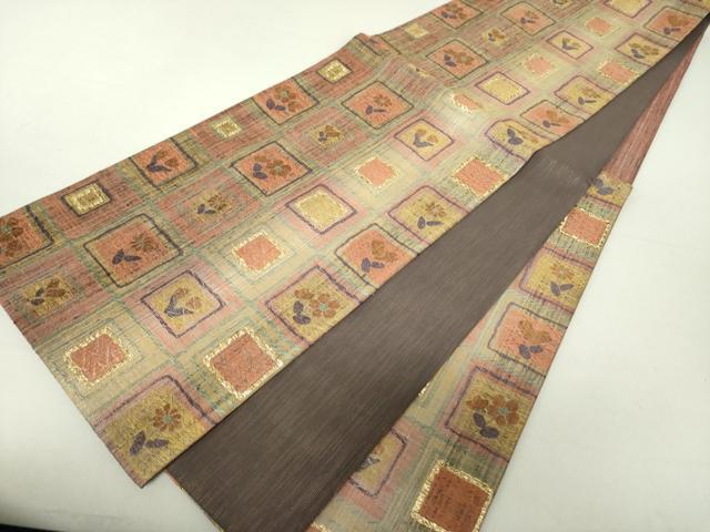 平和屋着物●六通柄袋帯 唐織 紬地 格子花文 金糸 正絹 逸品 未使用 DAAV6338ps