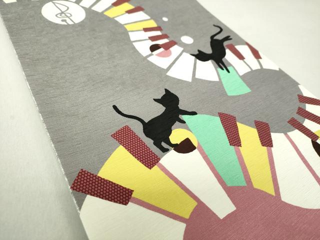 平和屋着物●全通柄京袋帯　黒猫　ピアノ　鍵盤　音符　正絹　逸品　DAAV6347ps