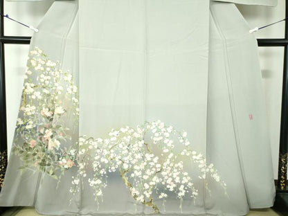 平和屋着物●十日町友禅作家　岡村蒼風　訪問着　枝垂れ桜　枝花文　暈し染め　正絹　逸品　未使用　DAAV6389ps