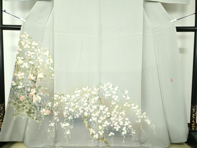 平和屋着物●十日町友禅作家　岡村蒼風　訪問着　枝垂れ桜　枝花文　暈し染め　正絹　逸品　未使用　DAAV6389ps