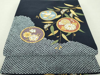 平和屋着物●太鼓柄袋帯 唐織 鹿の子花丸文 金糸 正絹 逸品 DAAV6431ps