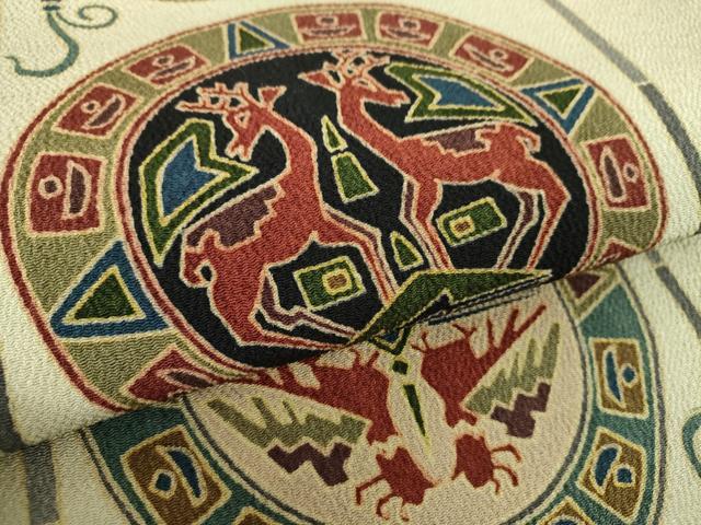 平和屋着物●九寸名古屋帯　鳥獣丸文　鬼しぼ縮緬　正絹　逸品　未使用　DAAV6449ps