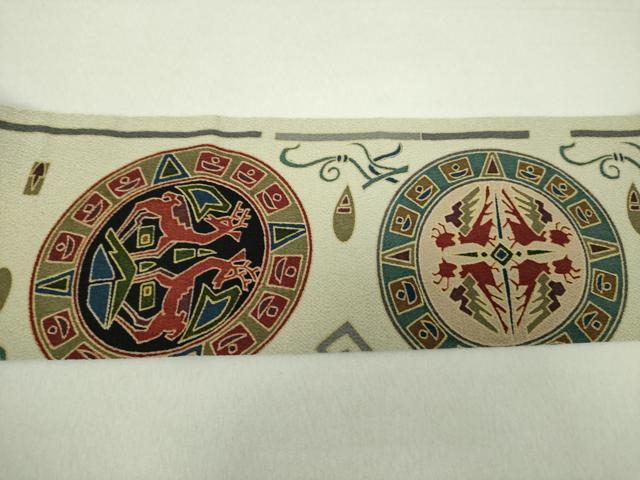 平和屋着物●九寸名古屋帯　鳥獣丸文　鬼しぼ縮緬　正絹　逸品　未使用　DAAV6449ps