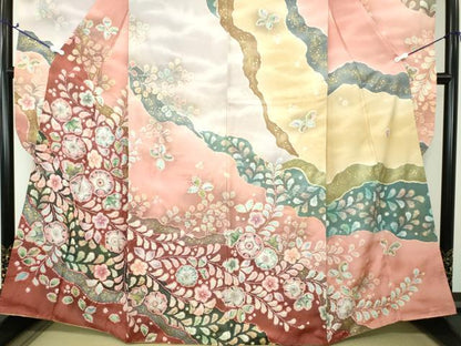 平和屋着物●越後十日町の一流染匠　桐屋・翠山工房　振袖　絞り　辻が花　金通し地　正絹　逸品　DAAV6497ps